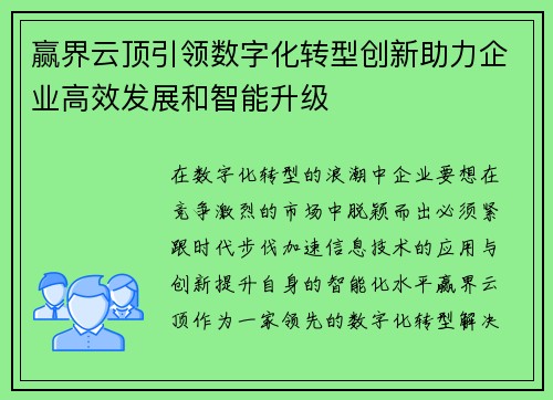 赢界云顶引领数字化转型创新助力企业高效发展和智能升级